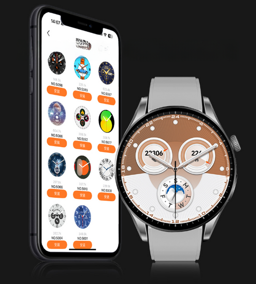 Bluetooth call smart watch connected to companion phone app for browsing and installing watch faces