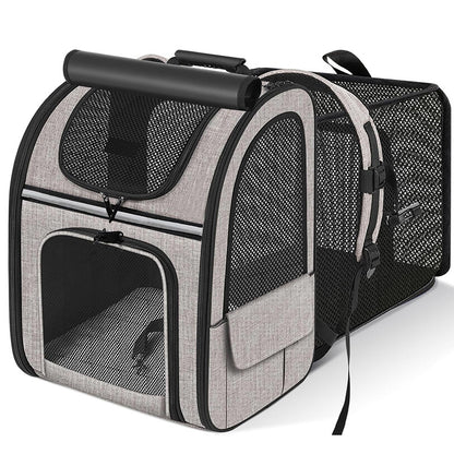 Light grey pet carrier backpack with black trim, mesh panels, and front entry