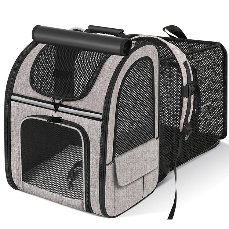 Light grey pet carrier backpack with black trim, mesh panels, and front entry