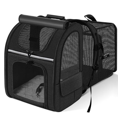 Black pet carrier backpack with mesh ventilation panels and adjustable straps