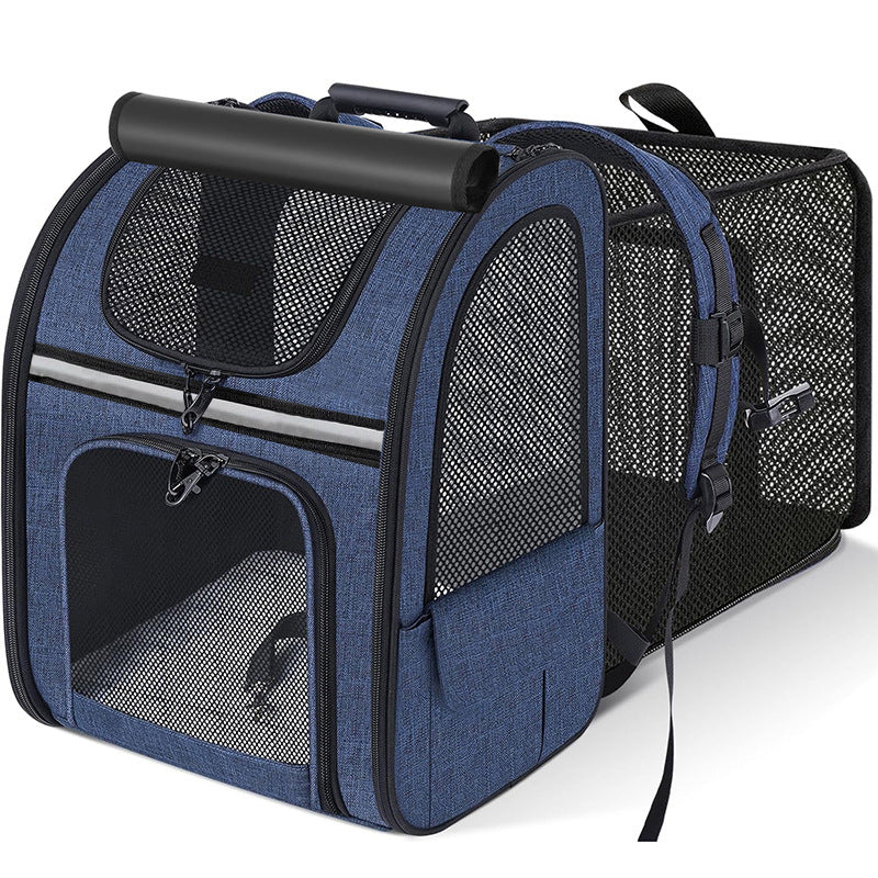 Blue pet carrier backpack with mesh panels and adjustable backpack straps