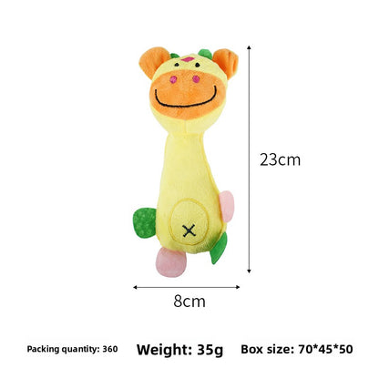 A yellow plush giraffe toy with pink, green, and orange details, shown with dimension lines indicating a height of 23cm, width of 8cm, and text showing packaging quantity, weight, and box size on a white background.