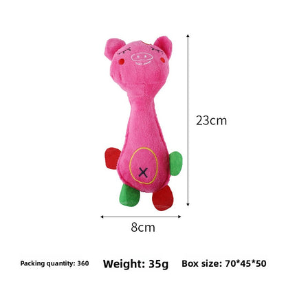Pink plush pig toy with dimension markings showing 23cm height, 8cm width, and 35g weight on a white background.