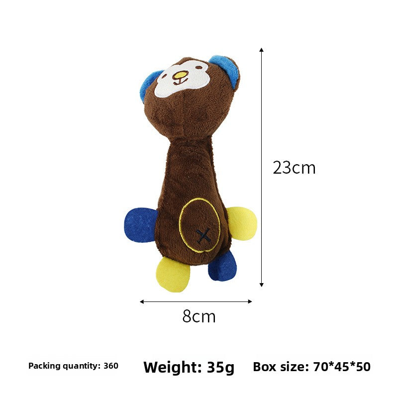 Brown plush monkey toy with blue and yellow accents, shown with dimension markers of 23cm height, 8cm width, and text indicating weight 35g and box size 70*45*50 on a white background.