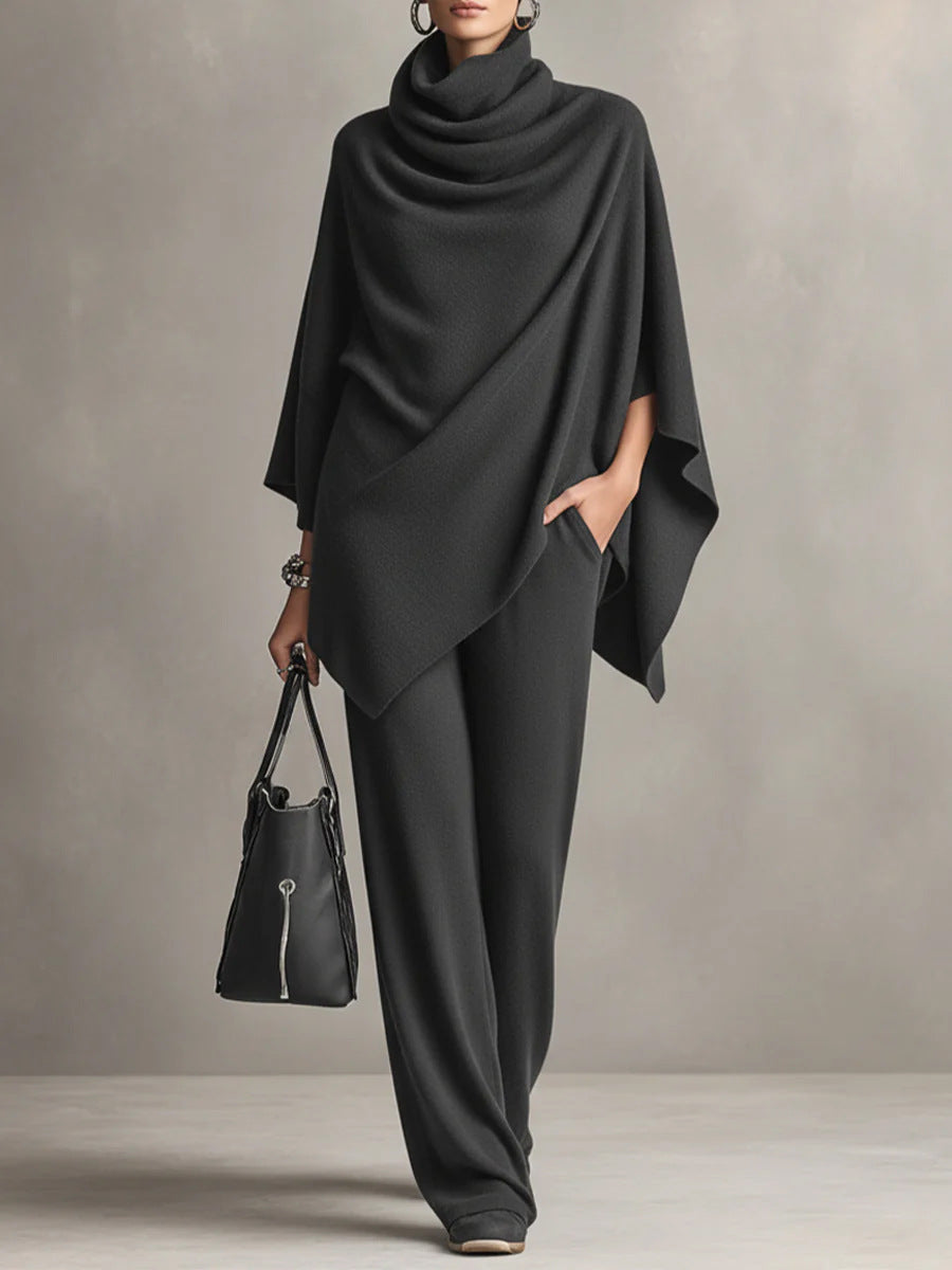 Women'S Autumn And Winter German Velvet Pile Collar Cape Top Wide Leg Pants Two-Piece Set