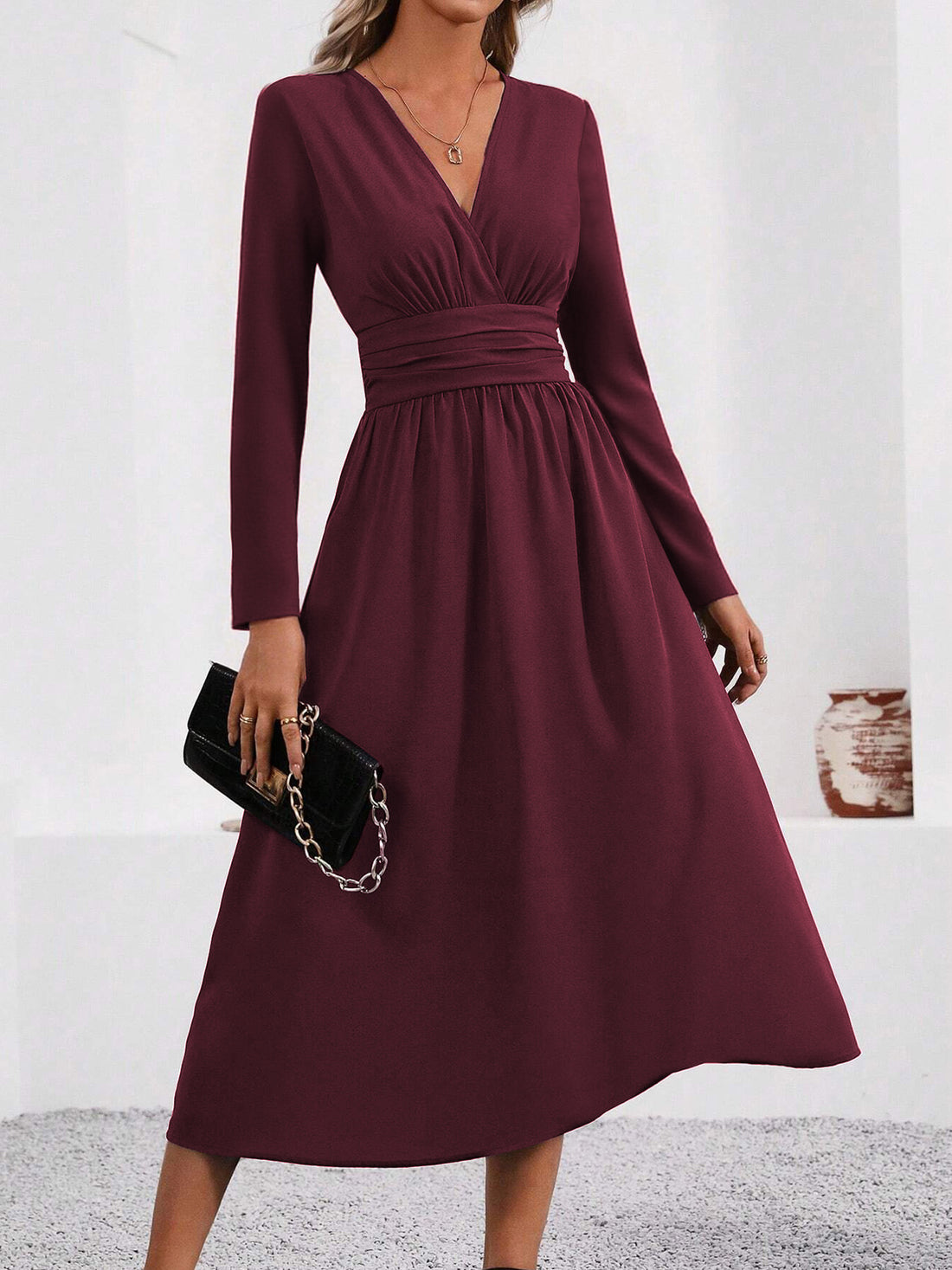 Women's V-neck long sleeve pleated A-line midi dress, photo 8