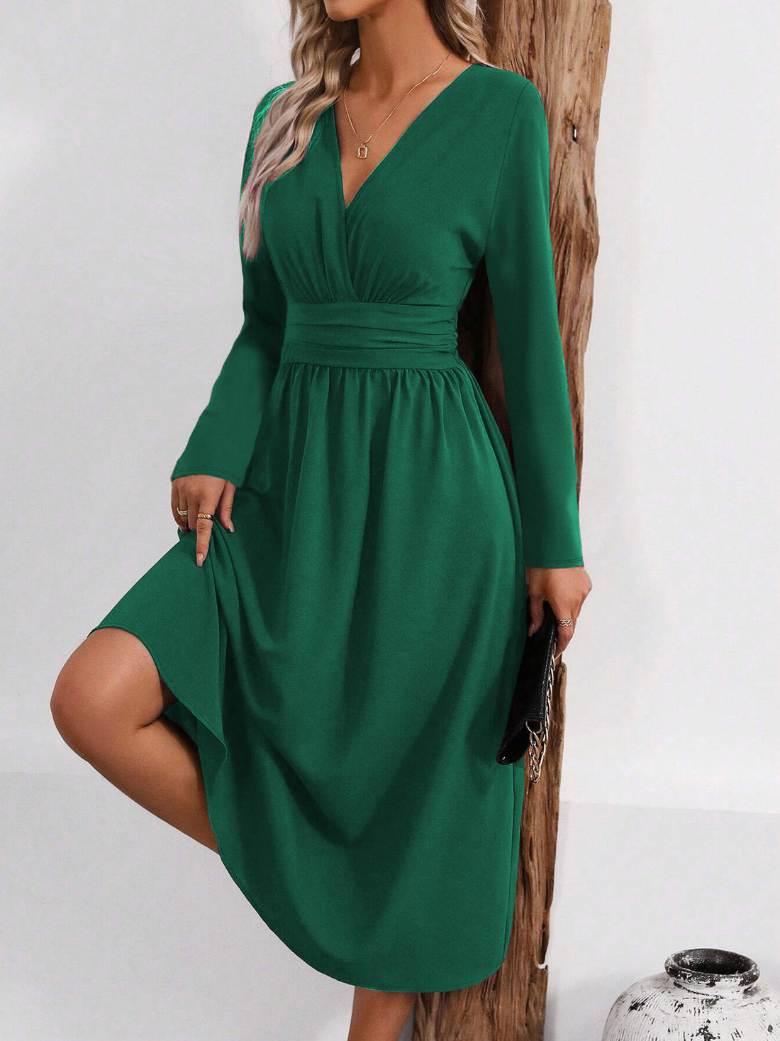 Women's V-neck long sleeve pleated A-line midi dress, photo 6