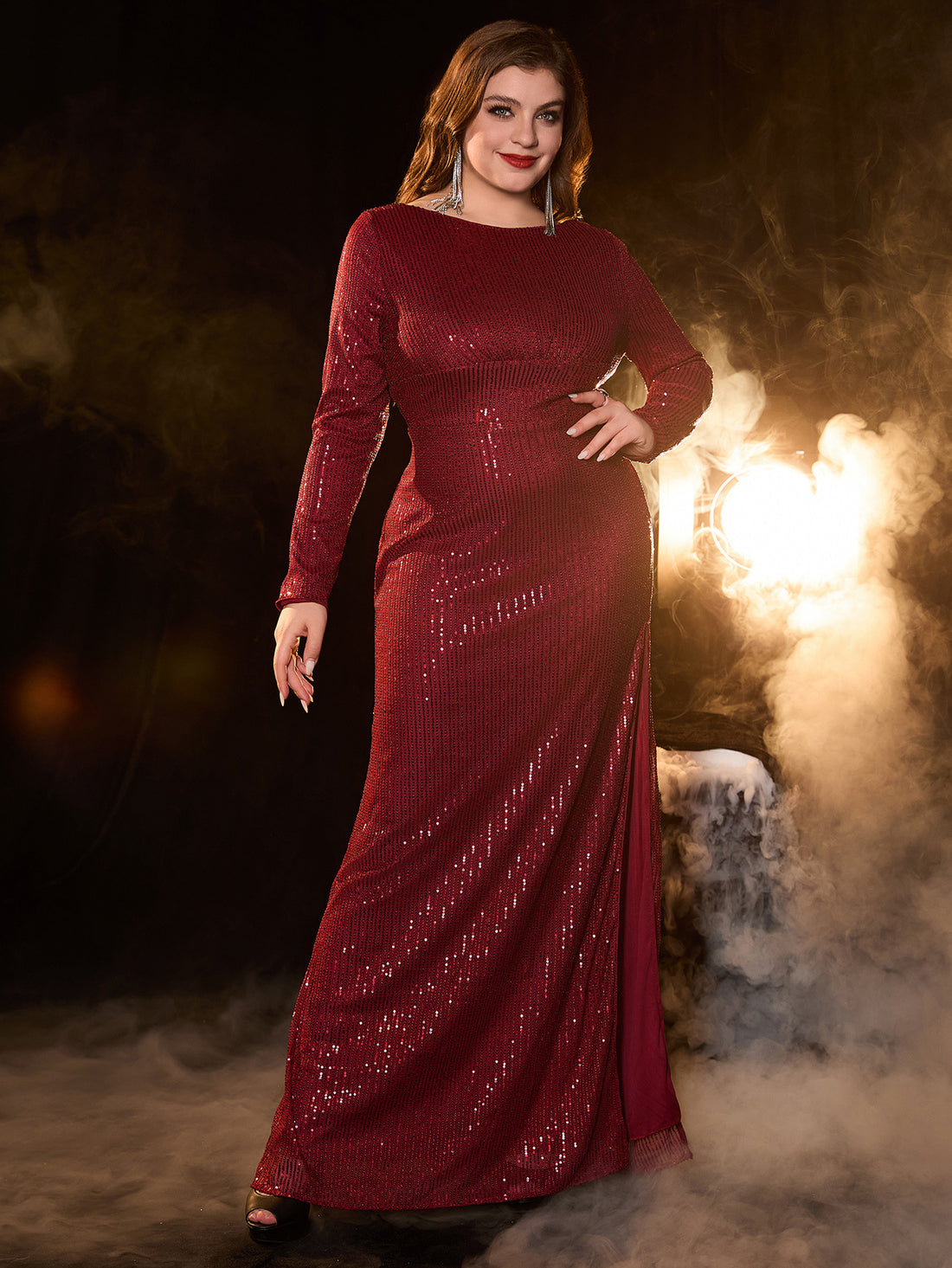 Plus size wine red sequin long sleeve evening dress with split, photo 8