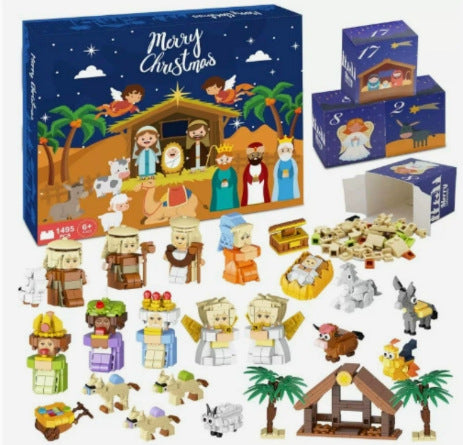 Nativity advent calendar box with small figurines and stable pieces on a white background