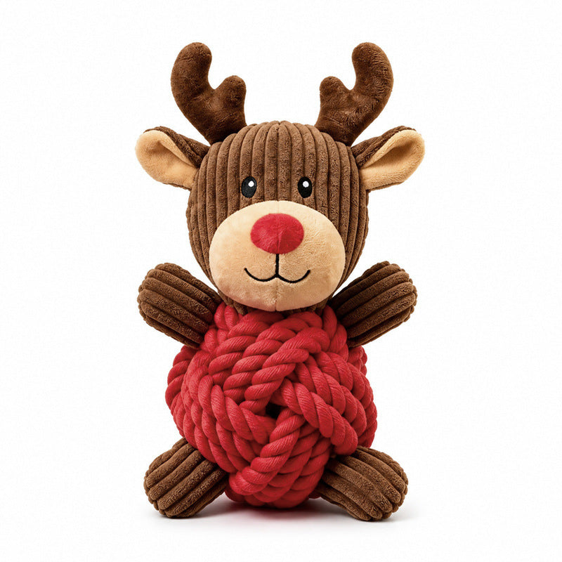 Plush reindeer dog toy with a red rope-knot body and brown corduroy head on white