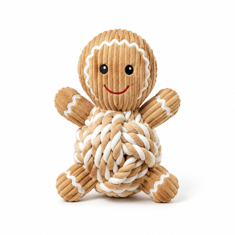 Plush gingerbread man dog toy with a tan rope-knot body on a white background