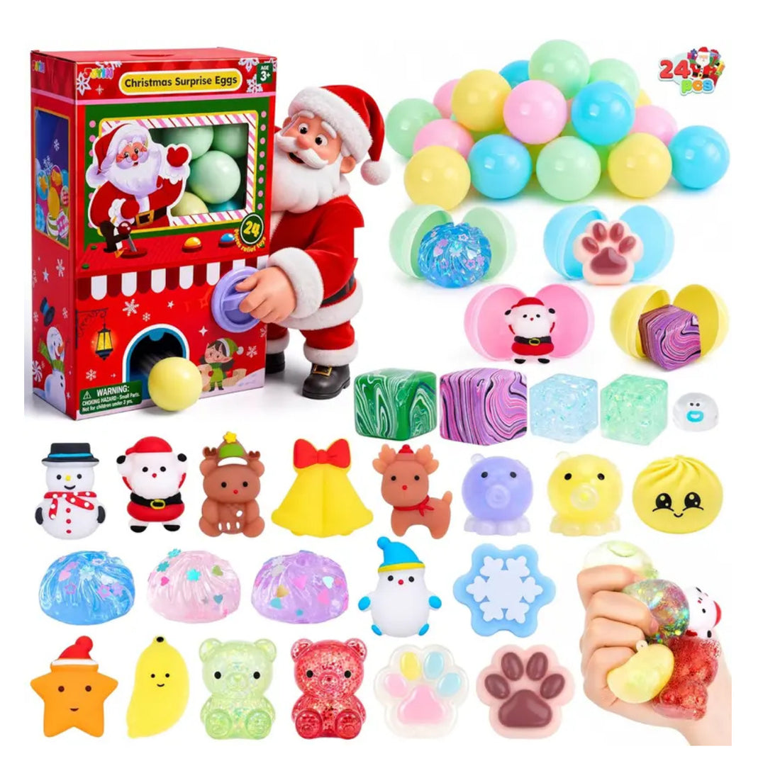 Santa vending machine advent calendar surrounded by colorful squishy toys and balls