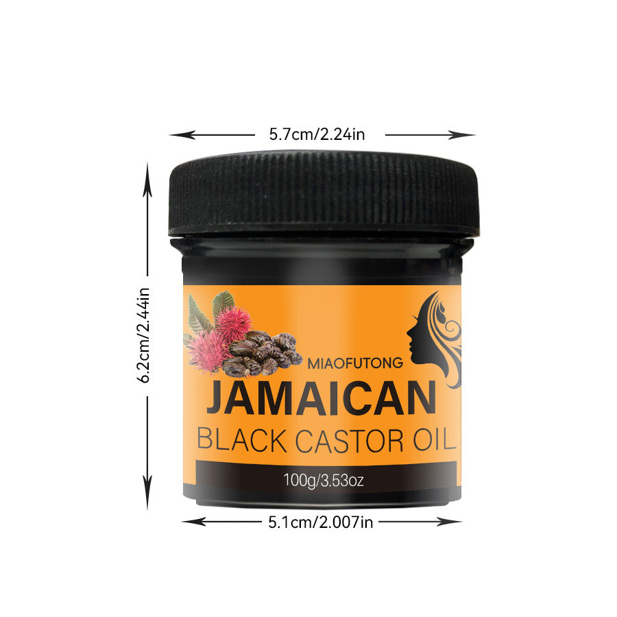 Jamaican Black Castor Oil jar with dimensions on a white background
