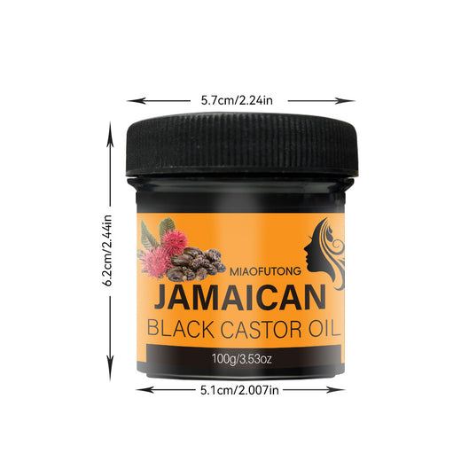 Jamaican Black Castor Oil jar with dimensions on a white background