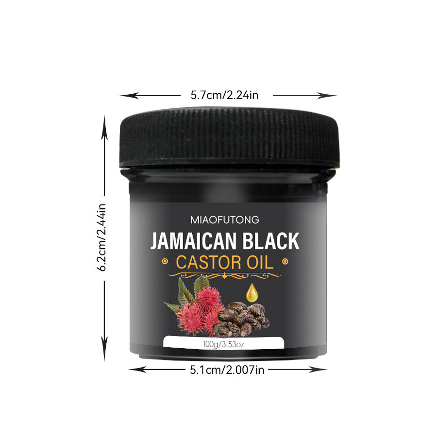 Jamaican Black Castor Oil jar with dimensions on a white background