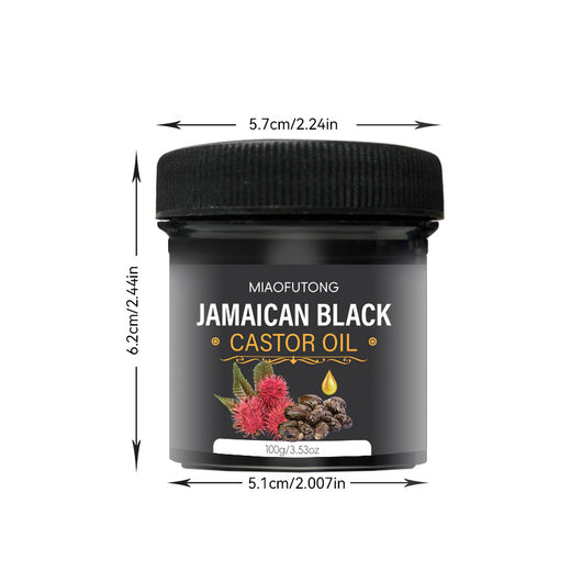 Jamaican Black Castor Oil jar with dimensions on a white background