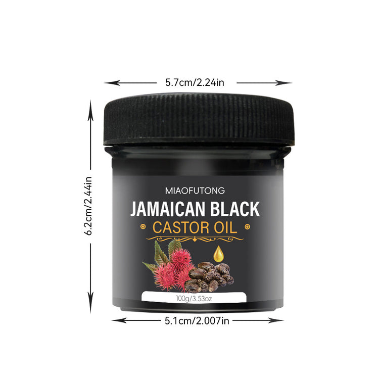 Jamaican Black Castor Oil jar with dimensions on a white background
