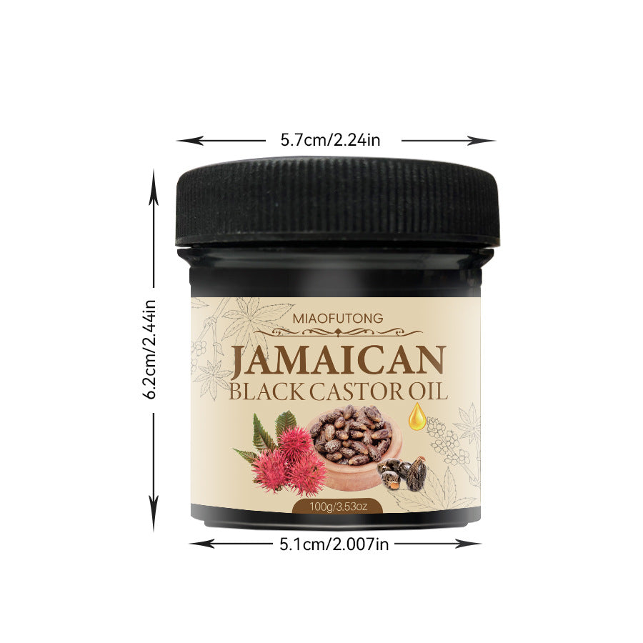 Jamaican Black Castor Oil jar with dimensions on a white background
