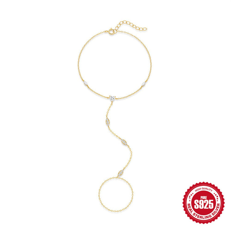 Gold tone S925 sterling silver hand chain bracelet with marquise cut stones and attached ring chain