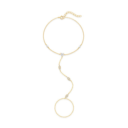 Full view of the gold marquise stone hand chain with bracelet loop and ring loop