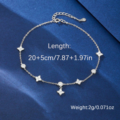 Silver clover and star anklet with length and weight specs, 20cm plus 5cm extender