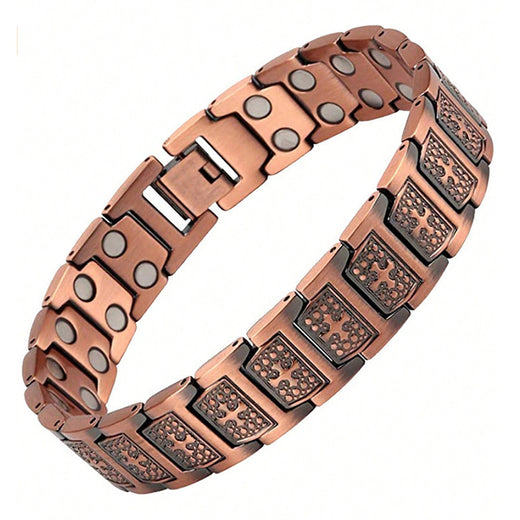 Textured link detail of the ancient red copper magnetic bracelet with wheel pattern design