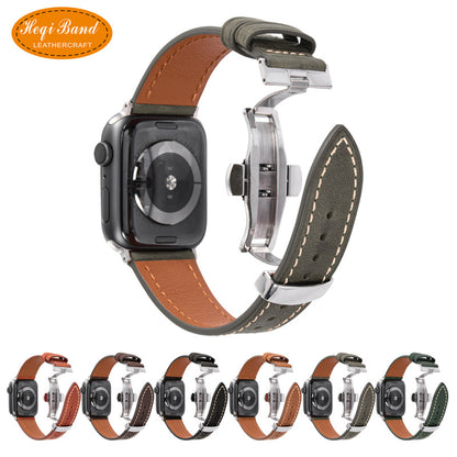 Olive green cowhide leather Apple Watch band with silver butterfly buckle, with a row of thumbnails showing other available colors