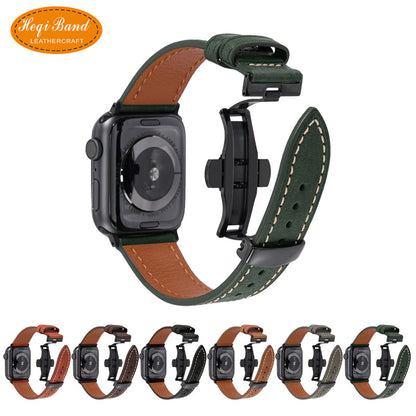 Olive green cowhide leather Apple Watch band with black butterfly buckle, with a row of thumbnails showing other available colors