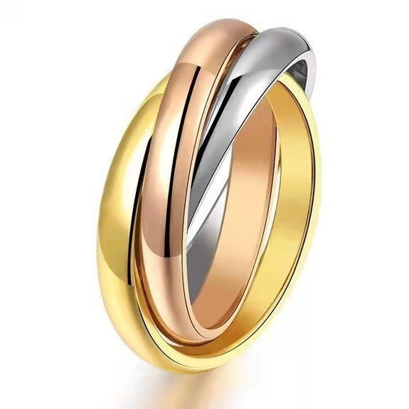Colorful finish titanium steel three-ring interlocked ring in rose gold, gold, and silver tones