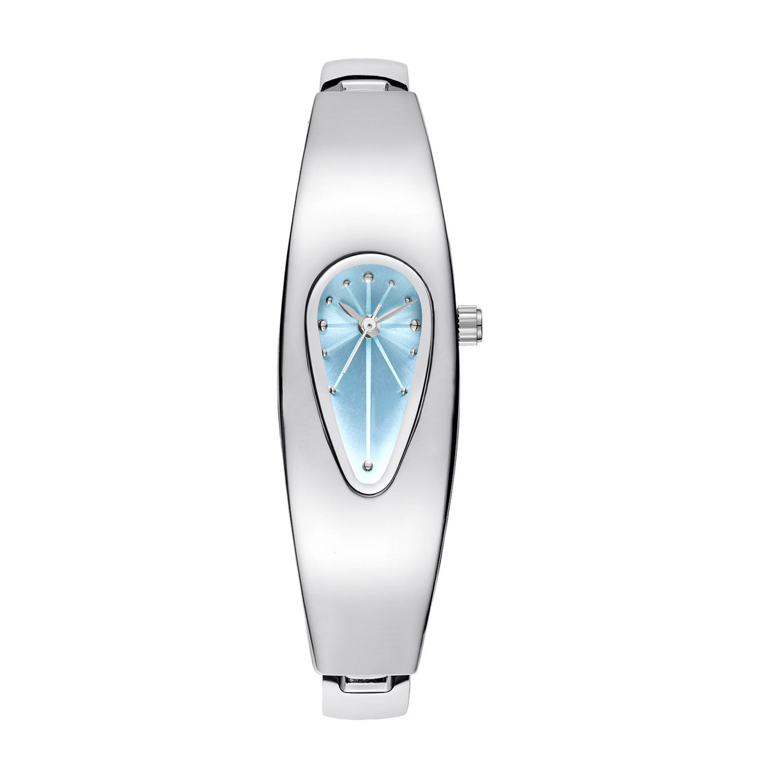 Silver water drop watch with blue teardrop dial, full front product shot on white background