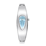 Silver water drop watch with blue teardrop dial, full front product shot on white background
