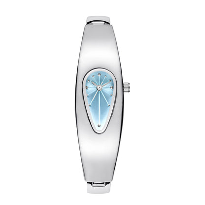 Silver water drop watch with blue teardrop dial, full front product shot on white background