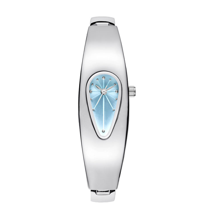 Silver water drop watch with blue teardrop dial, full front product shot on white background