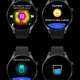 Bluetooth call smart watch screens showing music playback control, camera shutter shake-to-shoot, phone finder, and hydration reminder