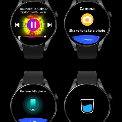 Bluetooth call smart watch screens showing music playback control, camera shutter shake-to-shoot, phone finder, and hydration reminder