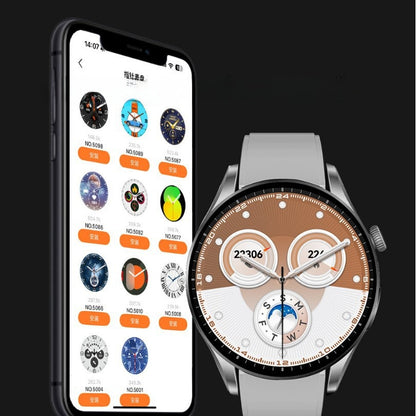 Bluetooth call smart watch paired with companion app showing customizable watch face gallery