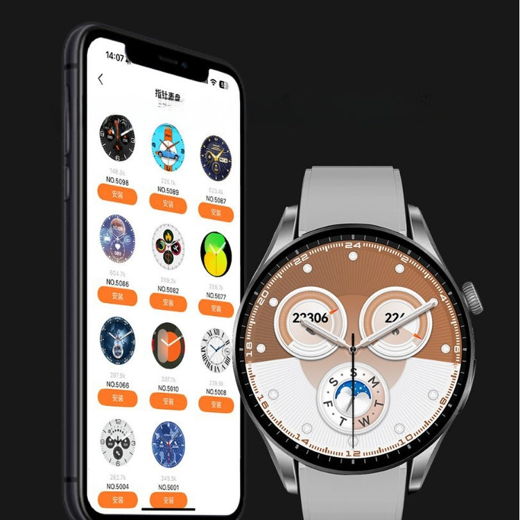 Bluetooth call smart watch paired with companion app showing customizable watch face gallery
