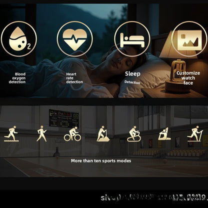 Bluetooth call smart watch health tracking icons for blood oxygen, heart rate, and sleep, plus 10 or more sport modes