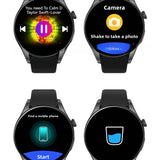 Bluetooth call smart watch screens showing music control, camera shutter, phone finder, and hydration reminder on white background