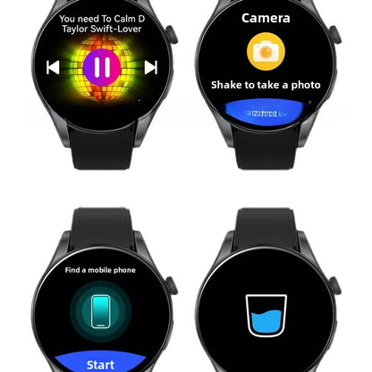Bluetooth call smart watch screens showing music control, camera shutter, phone finder, and hydration reminder on white background