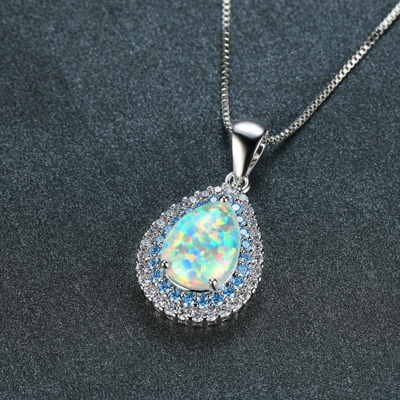 Water drop clavicle chain necklace with rainbow opal pendant and crystal halo