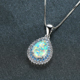 Water drop clavicle chain necklace with rainbow opal pendant and crystal halo