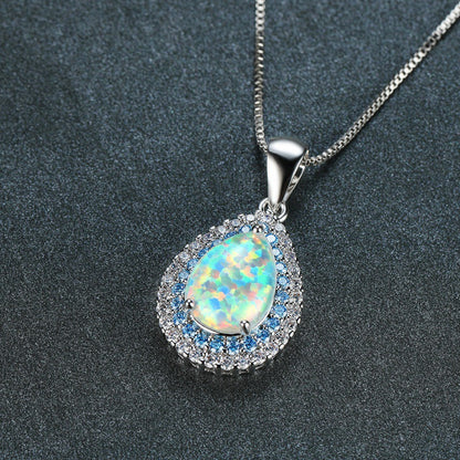 Water drop clavicle chain necklace with rainbow opal pendant and crystal halo