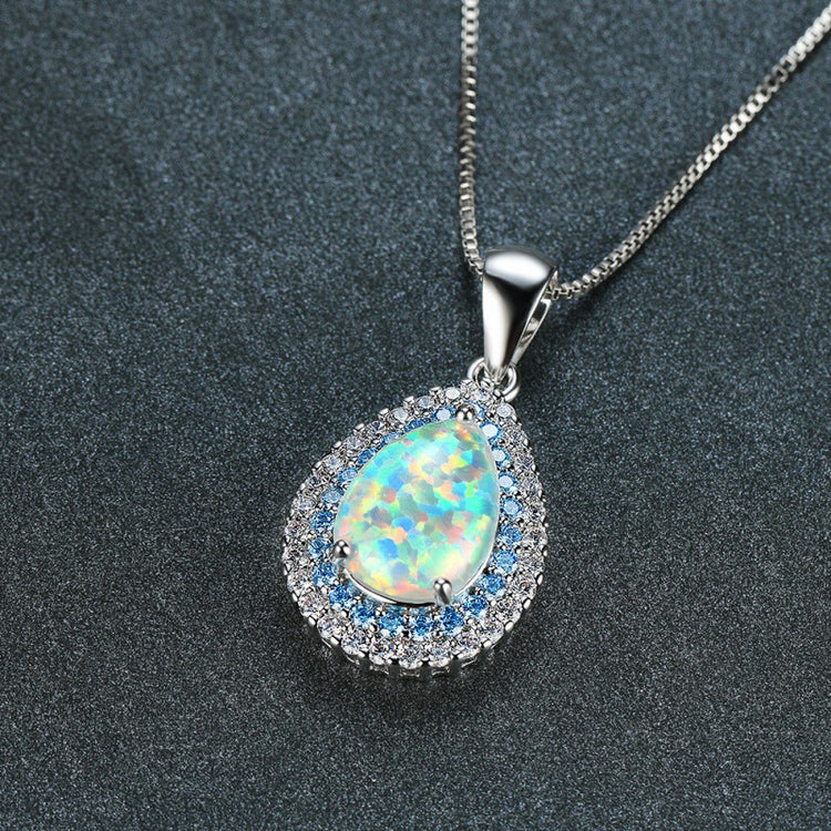 Water drop clavicle chain necklace with rainbow opal pendant and crystal halo