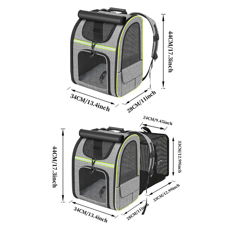 Dimension diagram of the pet carrier backpack showing height, width, and depth measurements