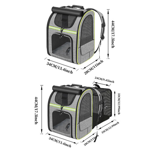 Dimension diagram of the pet carrier backpack showing height, width, and depth measurements