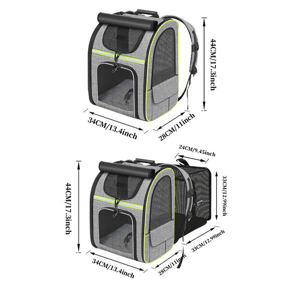 Pet carrier backpack size diagram, closed and expanded, with measurements