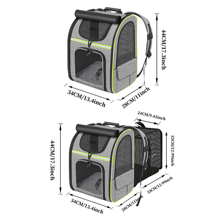Dimension diagram of the pet carrier backpack showing height, width, and depth measurements