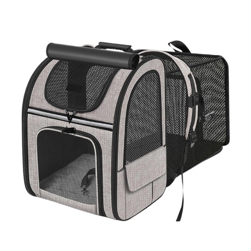 Grey pet carrier backpack with black border trim and mesh side panels