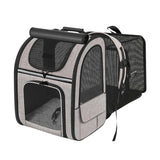 Grey pet carrier backpack with black border trim and mesh side panels
